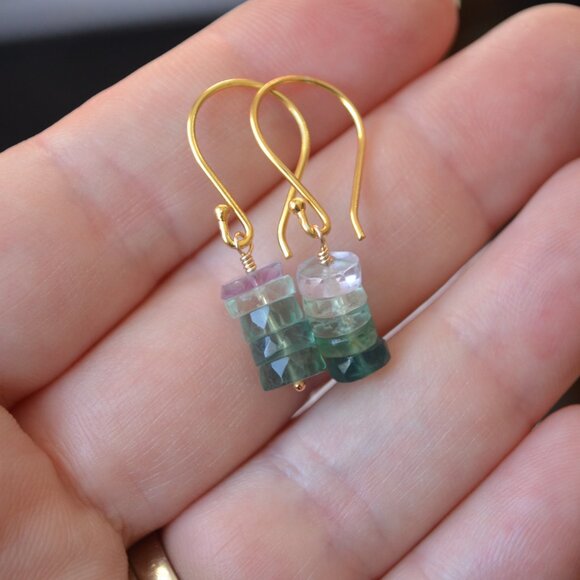 Fluorite Stack Earrings in Gold Vermeil - Hand Made in Canada - Picture 6 of 10